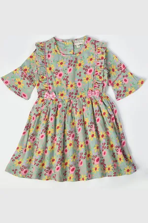 Bella Moda Girls Floral Printed Bell Sleeves Gathered Ruffles Bow Cotton Fit & Flare Dress