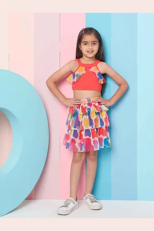 pspeaches Girls Round Neck Ruffled Top with Skirt