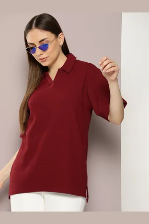 Dillinger Women Waffle Structure Self Design Oversized Polo Collar T-shirt