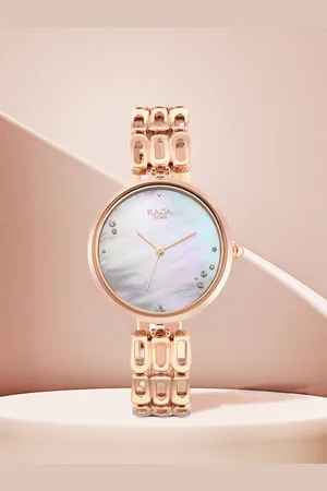 Titan Women Grey Brass Mother of Pearl Dial & Rose Gold Toned Stainless Steel Bracelet Style Straps Analogue Watch