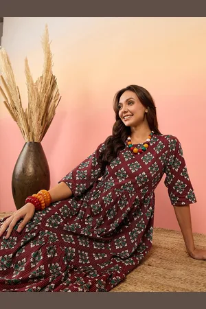 Sangria Ethnic Motif Kantha Boota Printed Flounce Cotton A-Line Ethnic Dresses