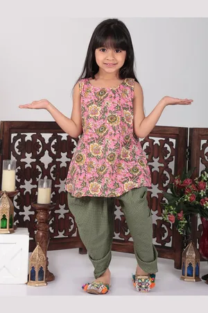 Sangria Girls Pack Of 2 Floral Printed Pure Cotton Straight Kurti With Dhoti Pants