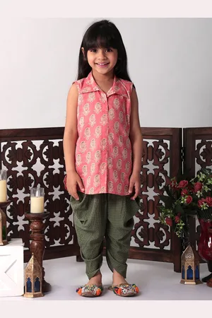 Sangria Girls Floral Printed Shirt Collar Sleeveless Pure Cotton Kurti With Dhoti Pant