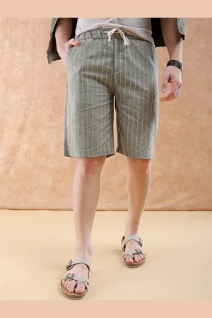 The Indian Garage Co Men Olive Green Striped Relaxed Fit Shorts