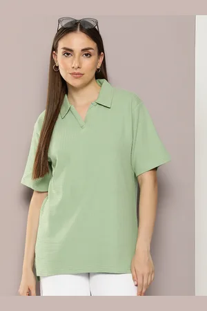 Dillinger Women Waffle Structure Self Design Oversized Polo Collar T-shirt