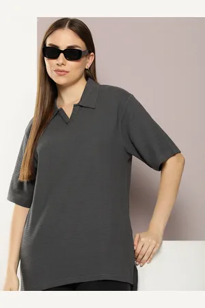 Dillinger Women Waffle Structure Self Design Oversized Polo Collar T-shirt