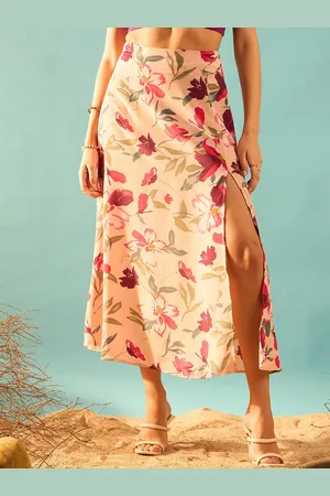 Berrylush Pink Floral Printed A-Line Midi Skirt