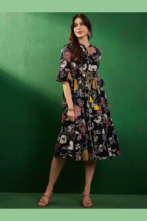 Sangria Floral Printed Pure Cotton Fit & Flare Midi Ethnic Dress
