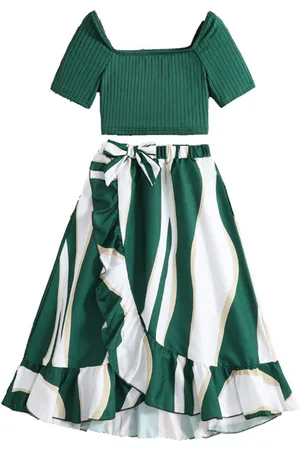 Stylecast Girls Green & White Striped Top with Skirt