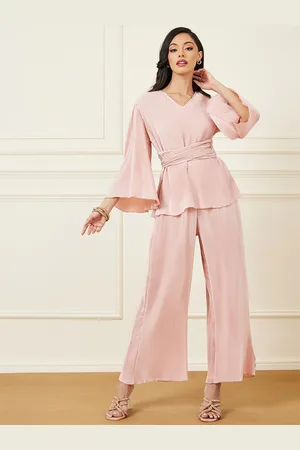 Styli Pink Ribbed Waist Tie Up Detail Top With Flared Trousers Co-Ords