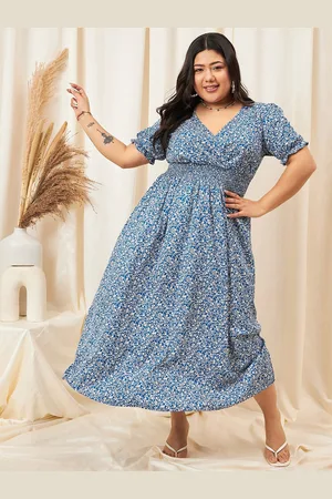 Berrylush Blue Curve Floral Print Puff Sleeve Crepe Empire Midi Dress