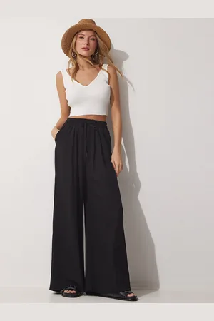 Happiness istanbul Women Mid-Rise Plain Cotton Parallel Trousers