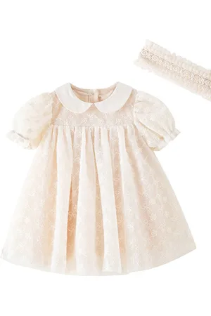 Stylecast Girls Beige Floral Embroidered Peter Pan Collar Cotton A-Line Dress