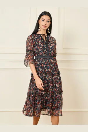 Styli Ethnic Motifs Printed Tie-Up Neck Bell Sleeve A-Line Dress