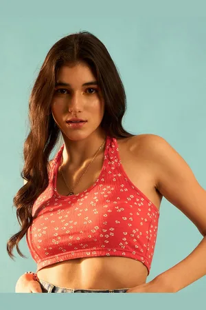 Berrylush Red Floral Printed Halter Neck Cotton T-shirt