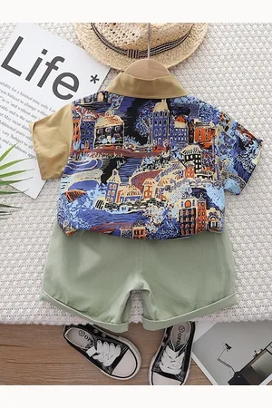 Stylecast Boys Khaki Graphic Printed Pure Cotton Shirt with Shorts