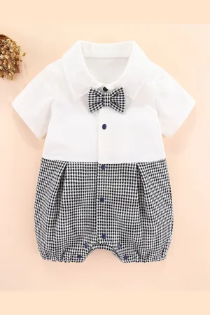 Stylecast Boys Houndstooth Woven Design Romper With Waistcoat & A Bow Tie