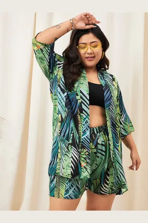 Berrylush Tropical Printed Front Open Shrug With Shorts