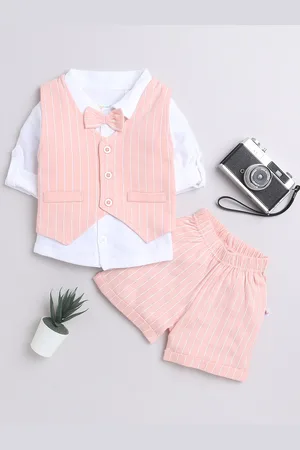 BUMZEE Boys Striped Pure Cotton Shirt With Waistcoat Shorts & Bow