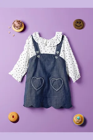 Nauti Nati Infant Girls Pure Cotton Pinafore Dress With Polka Dots Printed Ruffled Top