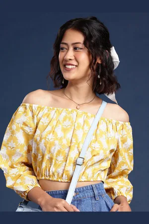 Taavi Print Off-Shoulder Pure Cotton Gulli Sanganeri Crop Top