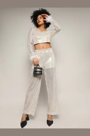 Campus Sheer Embellished Crop Top With Trousers Co-Ords
