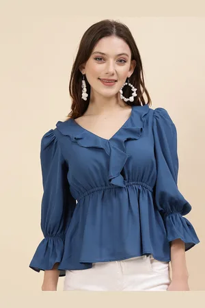 RAASSIO Bell Sleeve Crepe Cinched Waist Top