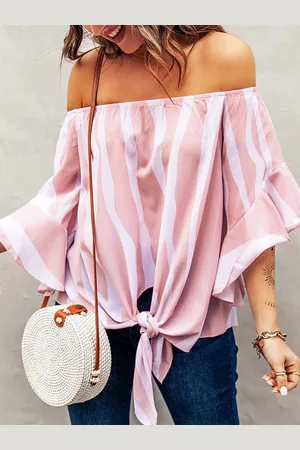 Stylecast Pink Vertical Striped Off-Shoulder Bell Sleeves Bardot Top
