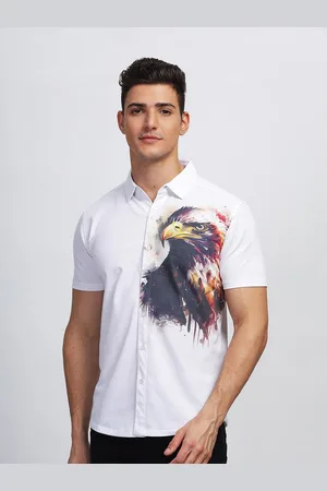 bullmer Straight Fit Graphic Printed Spread Collar Short Sleeves Casual Shirt
