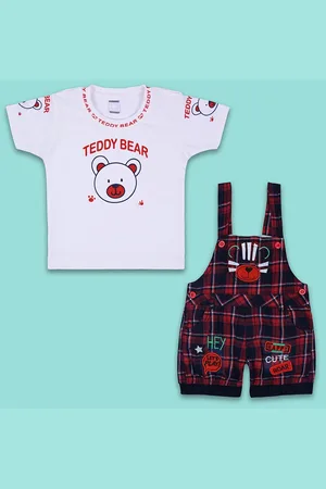 Wish Karo Infant Boys Checked Straight Leg Cotton Dungarees With Printed T-shirt