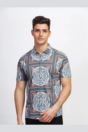 bullmer Straight Fit Floral Printed Spread Collar Short Sleeves Casual Shirt
