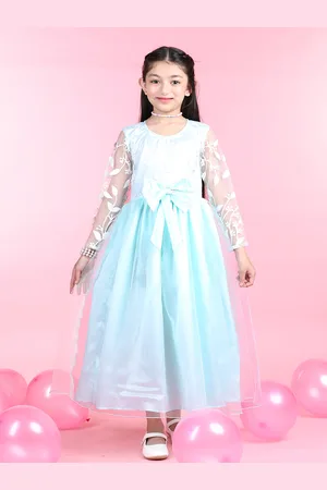 Cutiekins Girls Round Neck Embroidered Flared Net Maxi Dress