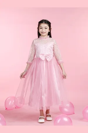 Cutiekins Girls Mandarin Collar Embroidered Flared Net Maxi Dress