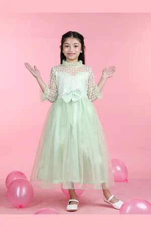 Cutiekins Girls Mandarin Collar Flared Embellished Bow Detailed Net Fit & Flare Maxi Dress