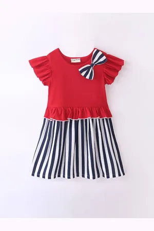 CrayonFlakes Girls Striped Flutter Sleeve Bow Detailed Cotton Fit & Flare Dress