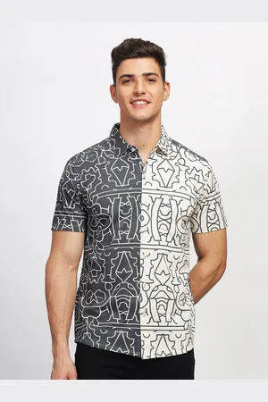 bullmer Straight Fit Abstract Printed Spread Collar Short Sleeves Casual Shirt