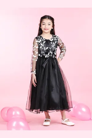 Cutiekins Girls Round Neck Embroidered Flared Floral Net Fit & Flare Midi Dress