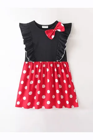 CrayonFlakes Girls Polka Dot Print Flutter Sleeve Bow Detailed Cotton Fit & Flare Dress