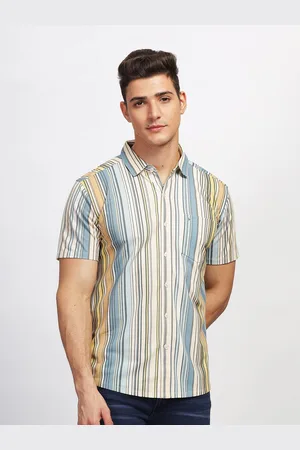 bullmer Straight Fit Multi Stripes Striped Spread Collar Short Sleeves Casual Shirt