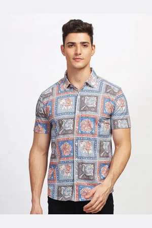 bullmer Straight Ethnic Motifs Printed Spread Collar Cotton Curved Casual Shirt