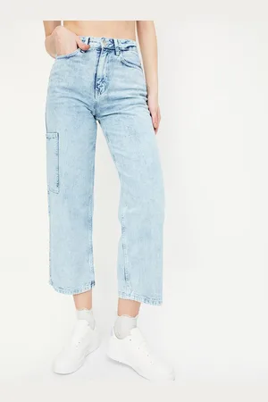 Max Collection Women High-Rise Heavy Fade Clean Look Pure Cotton Cropped Cargo Jeans