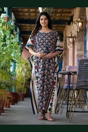 Aujjessa Floral Printed Round Neck Maternity Kaftan Dress