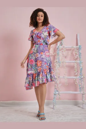 ATHENA Floral Printed Flared Sleeve Ruffled Crepe A-Line Dress