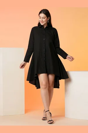 Globus Women Shirt Collar Cuffed Sleeves Pleated High-Low Hem Loose Fit A-Line Dress