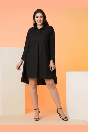 Globus Black Shirt Collar Cuffed Sleeves Pure Cotton A-Line High-Low Dress