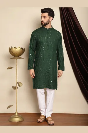 Anouk Green Mandarin Collar Sequinned Pure Cotton Straight Kurta with Pyjamas