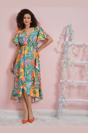 ATHENA Floral Printed Flutter Sleeve Ruffled Crepe Midi Dress