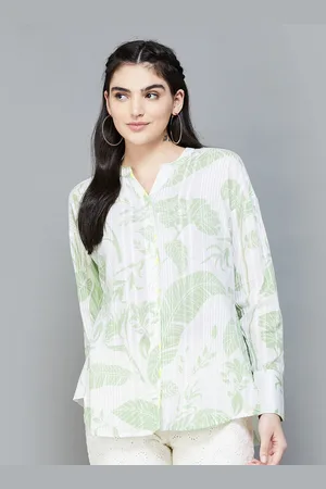 Lifestyle Floral Printed Mandarin Collar Cuffed Sleeves Cotton Tunic