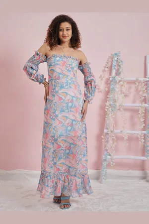 ATHENA Floral Printed Off-Shoulder Bell Sleeve Maxi Dress