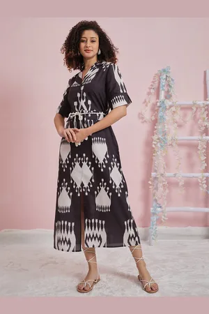 ATHENA Abstract Printed Tie-Up Neck Short Sleeves Linen A-Linen Midi Dress